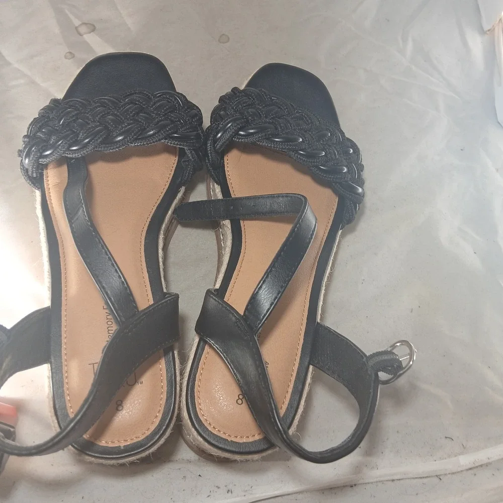 Time and Tru Wedge Sandals 8 Black‎ Braided Espadrille Platform Memory Foam Boho